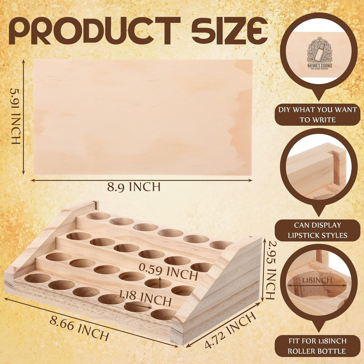 3 Tier 18 Slots Wooden Essential Oil Organizer with Detachable DIY Board 5-20ml Essential Oils Racks Display Stand Roller Bottle Display Tabletop Storage for Nail Polish Fragrance Container