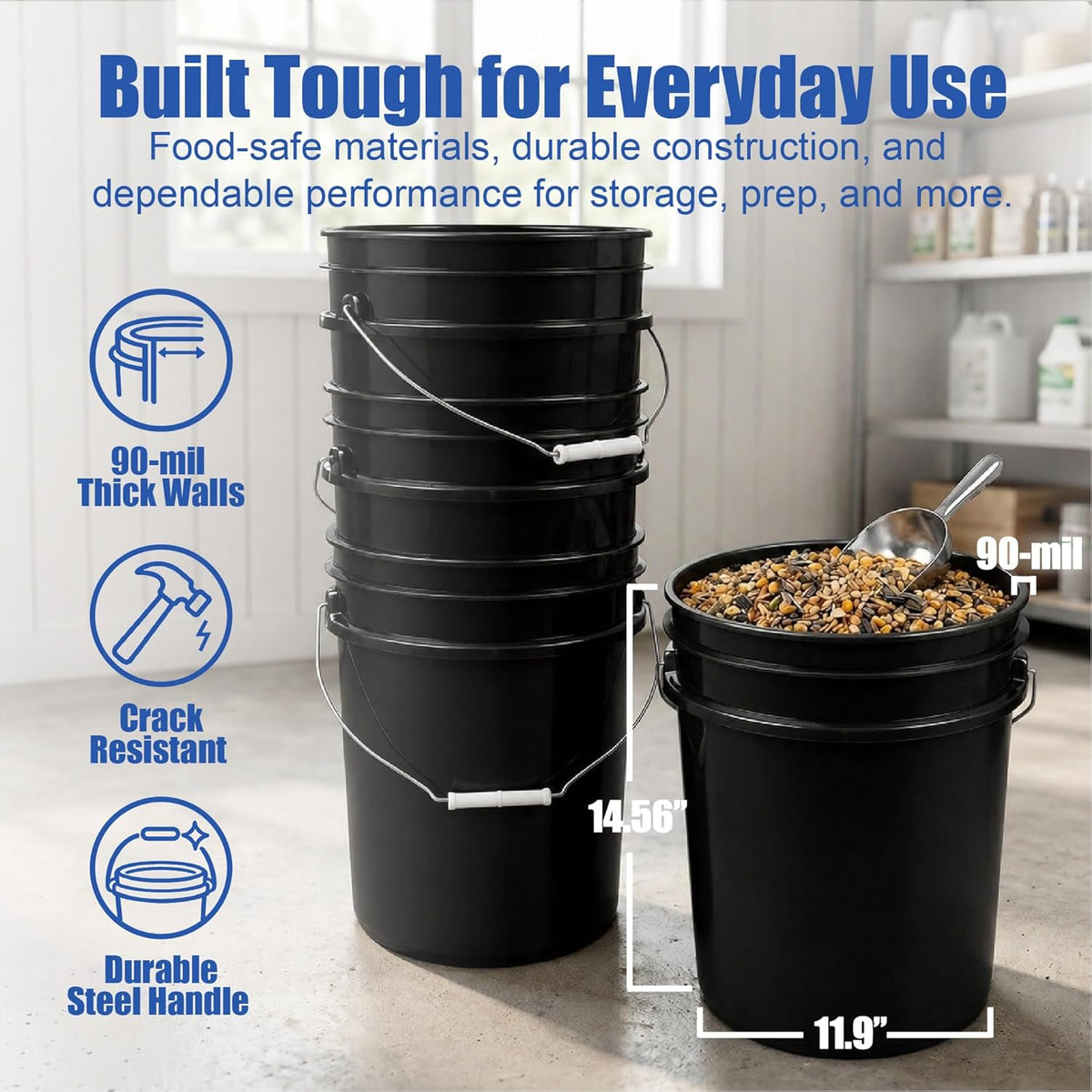 5 Gallon Bucket - Food Grade w/Lid BPA-Free, White/Green, 3