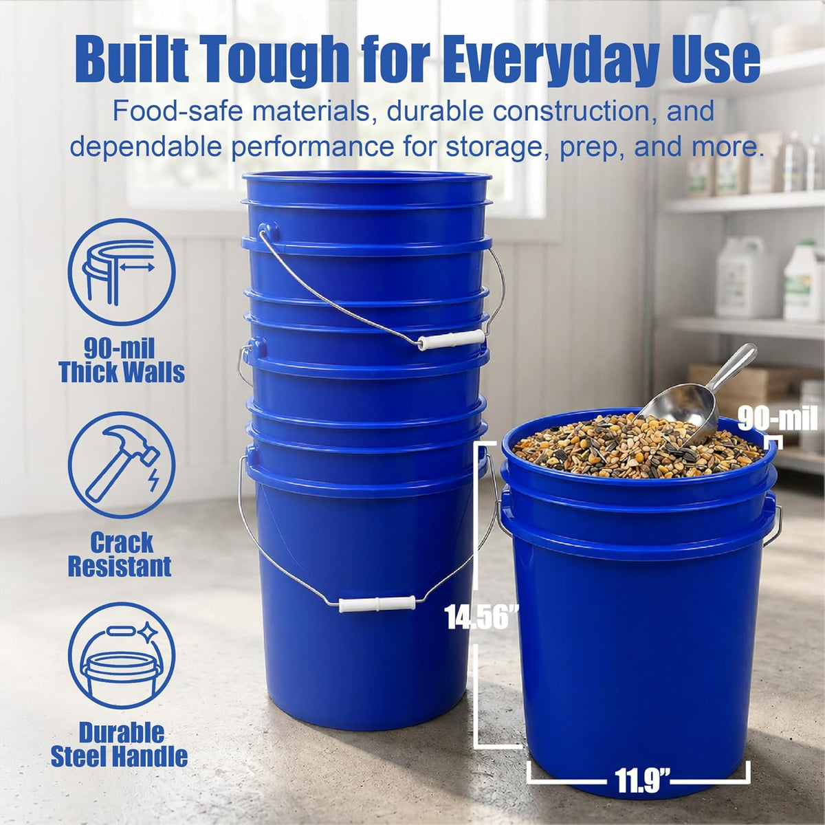 5 Gallon Bucket - Food Grade w/Lid BPA-Free, White/Green, 3