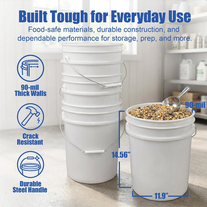 5 Gallon Bucket - Food Grade w/Lid BPA-Free, White/Green, 3