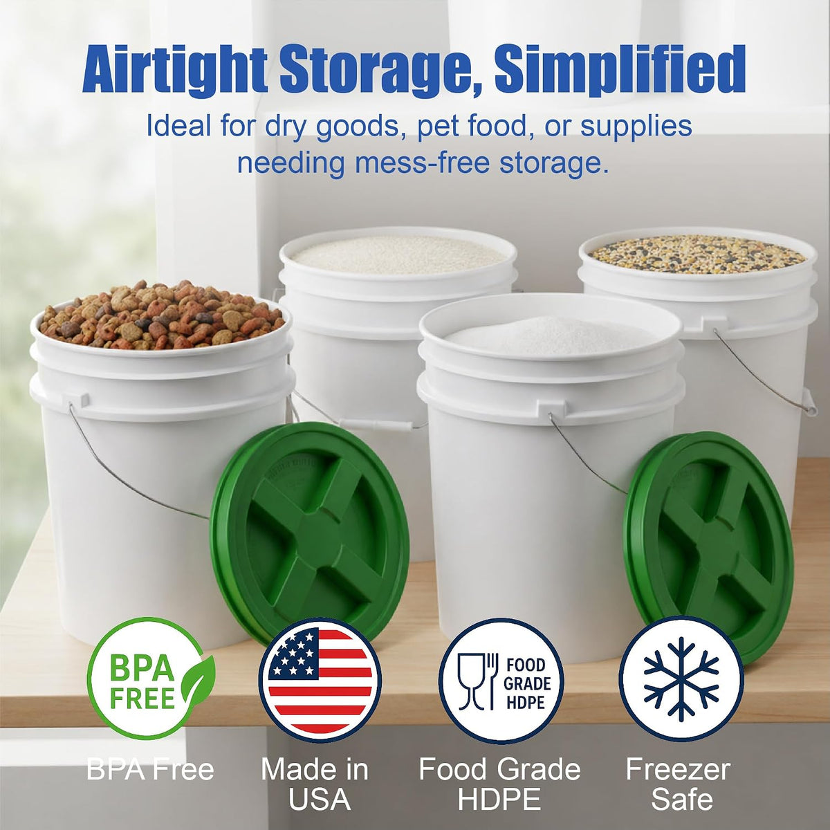 5 Gallon Bucket - Food Grade w/Lid BPA-Free, White/Green, 3