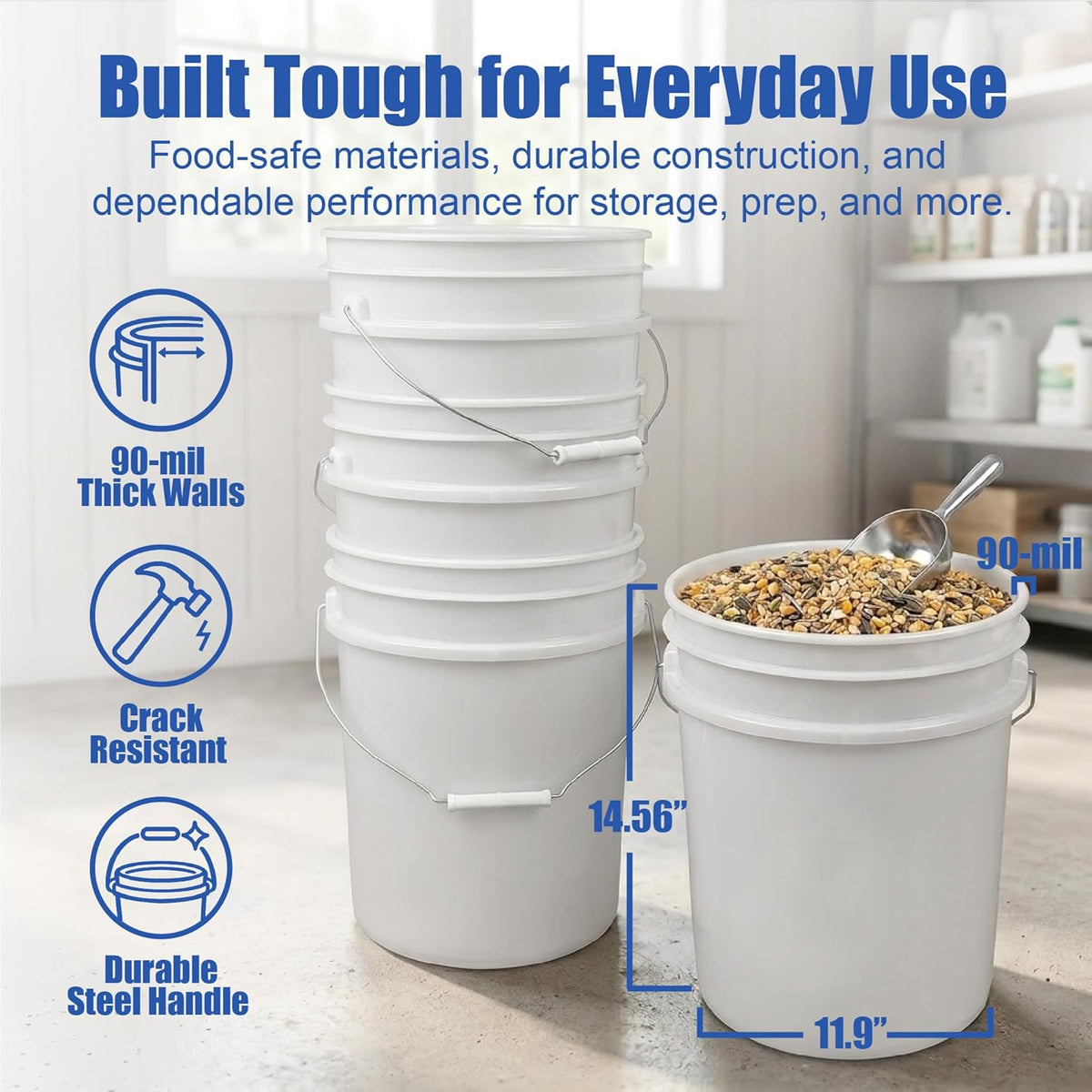 5 Gallon Bucket - Food Grade w/Lid BPA-Free, White/Green, 3