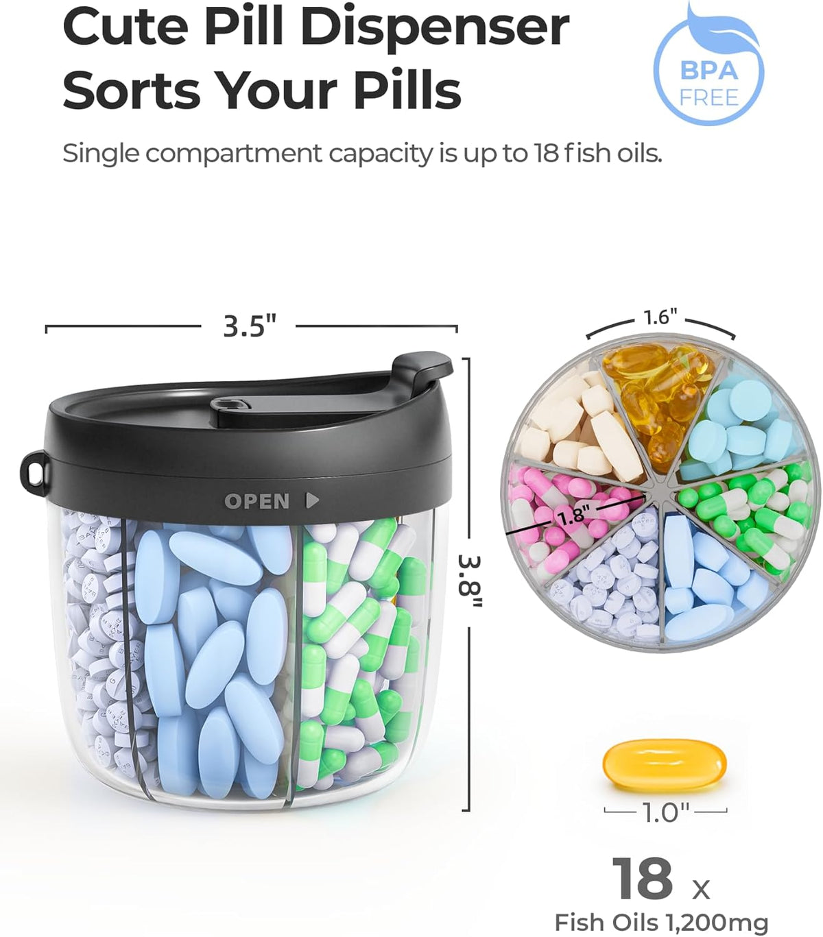 Cute Pill Dispenser with Anti-Mix Design, 7-Slot, BPA-Free, Patented | Portable Travel Pill Organizer, Wide Mouth for Easy Access, Pill Bottle Organizer for Vitamins, Fish Oils, Supplements, Blue