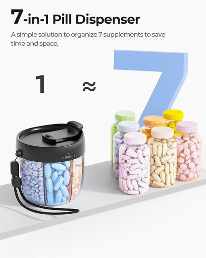 Cute Pill Dispenser with Anti-Mix Design, 7-Slot, BPA-Free, Patented | Portable Travel Pill Organizer, Wide Mouth for Easy Access, Pill Bottle Organizer for Vitamins, Fish Oils, Supplements, Blue