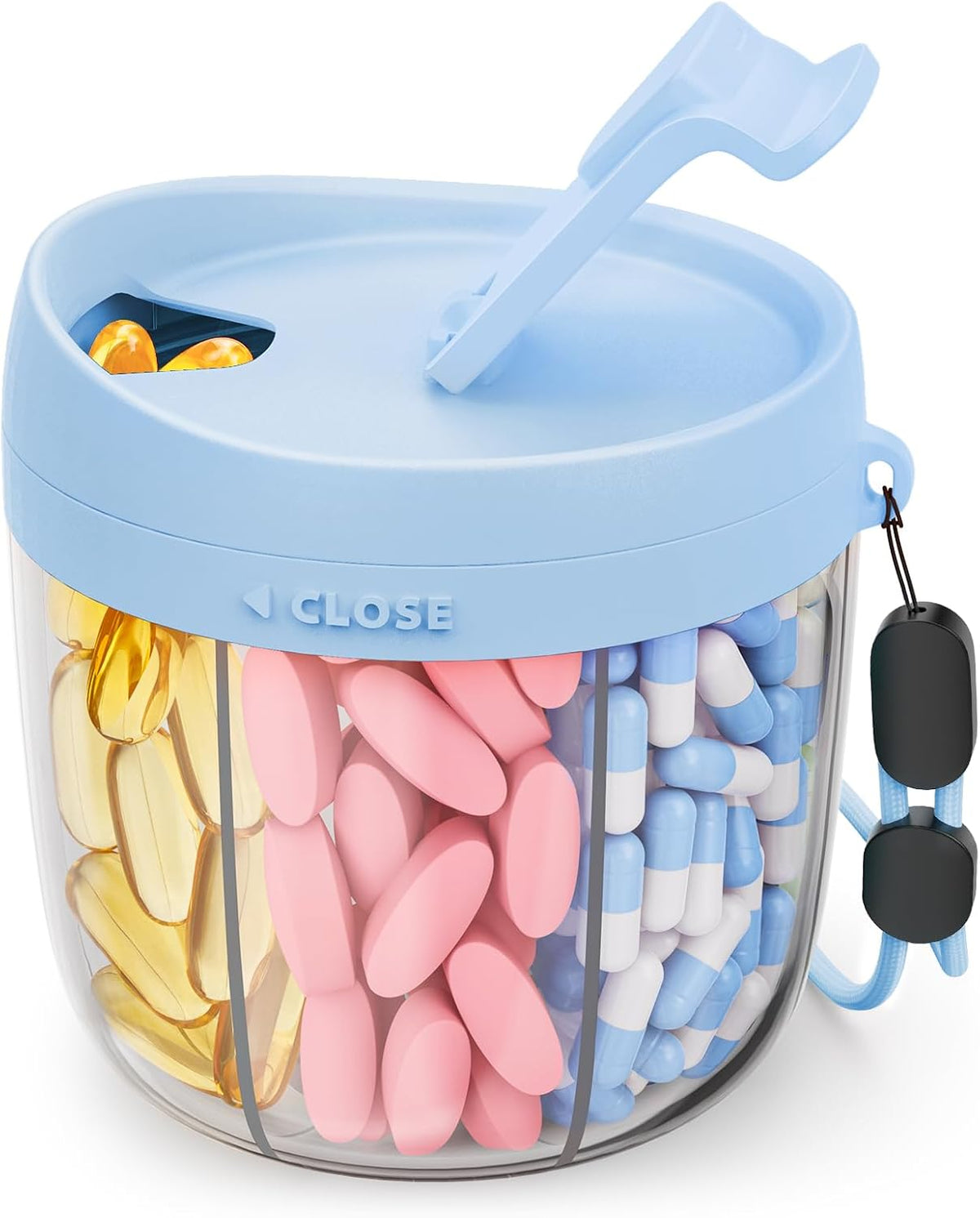 Cute Pill Dispenser with Anti-Mix Design, 7-Slot, BPA-Free, Patented | Portable Travel Pill Organizer, Wide Mouth for Easy Access, Pill Bottle Organizer for Vitamins, Fish Oils, Supplements, Blue