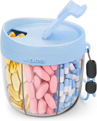 Cute Pill Dispenser with Anti-Mix Design, 7-Slot, BPA-Free, Patented | Portable Travel Pill Organizer, Wide Mouth for Easy Access, Pill Bottle Organizer for Vitamins, Fish Oils, Supplements, Blue