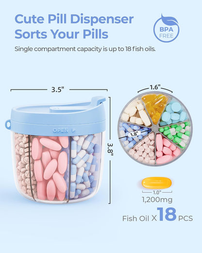 Cute Pill Dispenser with Anti-Mix Design, 7-Slot, BPA-Free, Patented | Portable Travel Pill Organizer, Wide Mouth for Easy Access, Pill Bottle Organizer for Vitamins, Fish Oils, Supplements, Blue