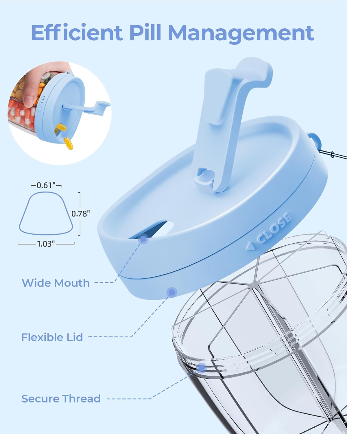 Cute Pill Dispenser with Anti-Mix Design, 7-Slot, BPA-Free, Patented | Portable Travel Pill Organizer, Wide Mouth for Easy Access, Pill Bottle Organizer for Vitamins, Fish Oils, Supplements, Blue