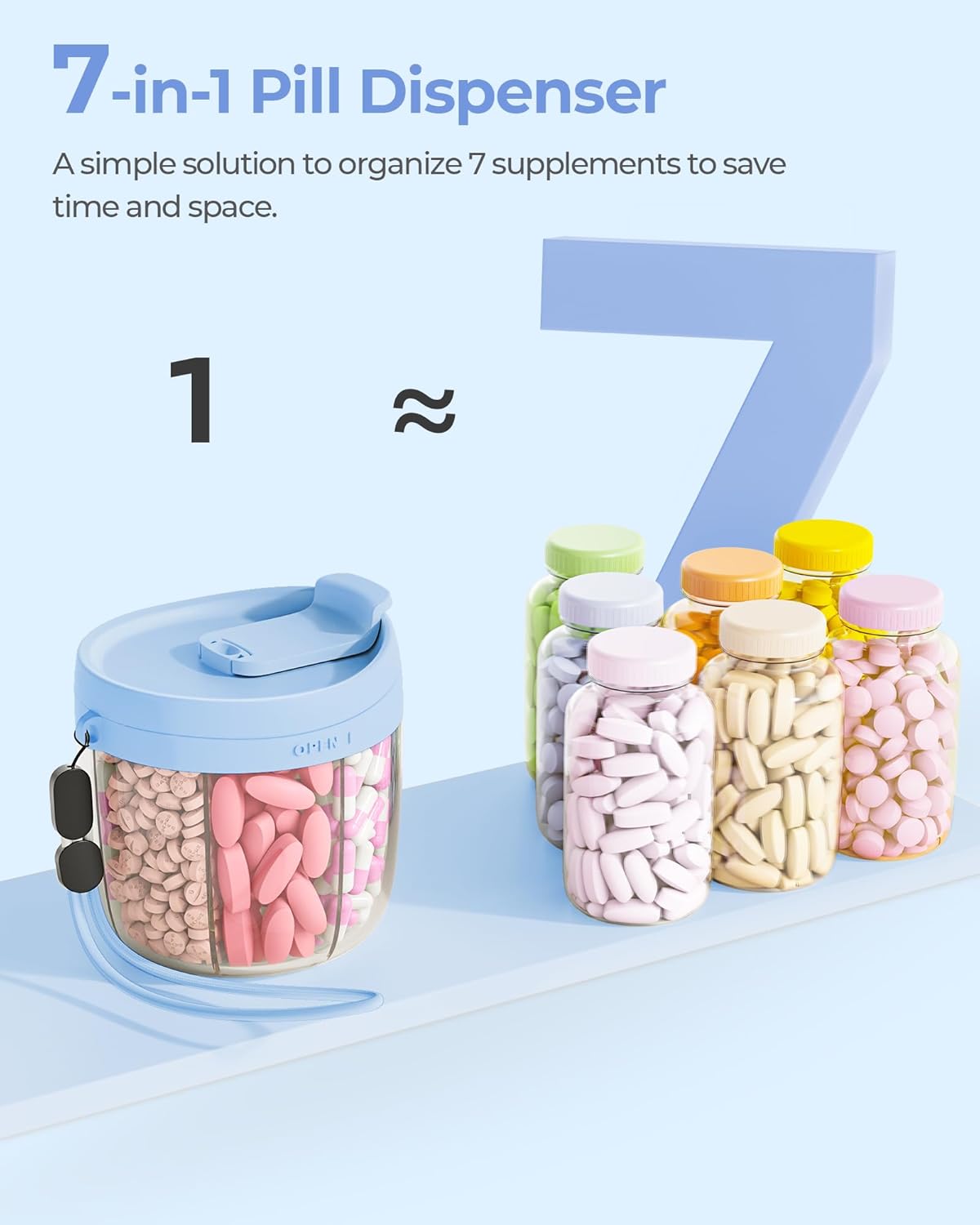Cute Pill Dispenser with Anti-Mix Design, 7-Slot, BPA-Free, Patented | Portable Travel Pill Organizer, Wide Mouth for Easy Access, Pill Bottle Organizer for Vitamins, Fish Oils, Supplements, Blue