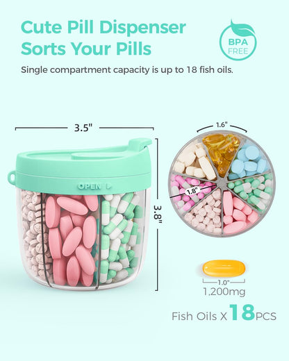 Cute Pill Dispenser with Anti-Mix Design, 7-Slot, BPA-Free, Patented | Portable Travel Pill Organizer, Wide Mouth for Easy Access, Pill Bottle Organizer for Vitamins, Fish Oils, Supplements, Blue