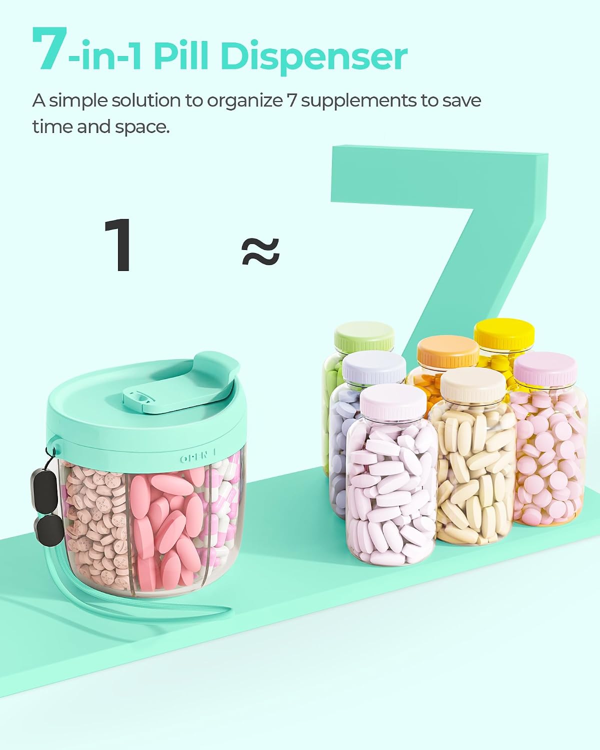 Cute Pill Dispenser with Anti-Mix Design, 7-Slot, BPA-Free, Patented | Portable Travel Pill Organizer, Wide Mouth for Easy Access, Pill Bottle Organizer for Vitamins, Fish Oils, Supplements, Blue