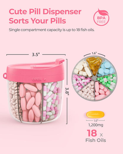 Cute Pill Dispenser with Anti-Mix Design, 7-Slot, BPA-Free, Patented | Portable Travel Pill Organizer, Wide Mouth for Easy Access, Pill Bottle Organizer for Vitamins, Fish Oils, Supplements, Blue