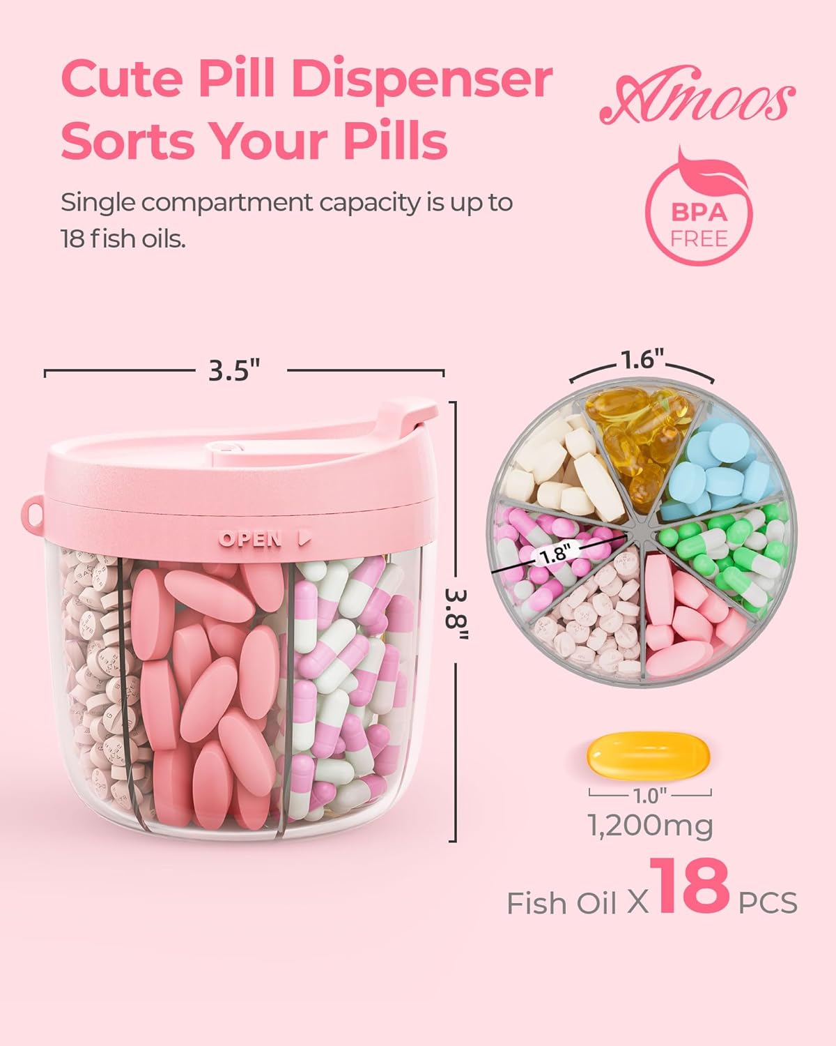 Cute Pill Dispenser with Anti-Mix Design, 7-Slot, BPA-Free, Patented | Portable Travel Pill Organizer, Wide Mouth for Easy Access, Pill Bottle Organizer for Vitamins, Fish Oils, Supplements, Blue