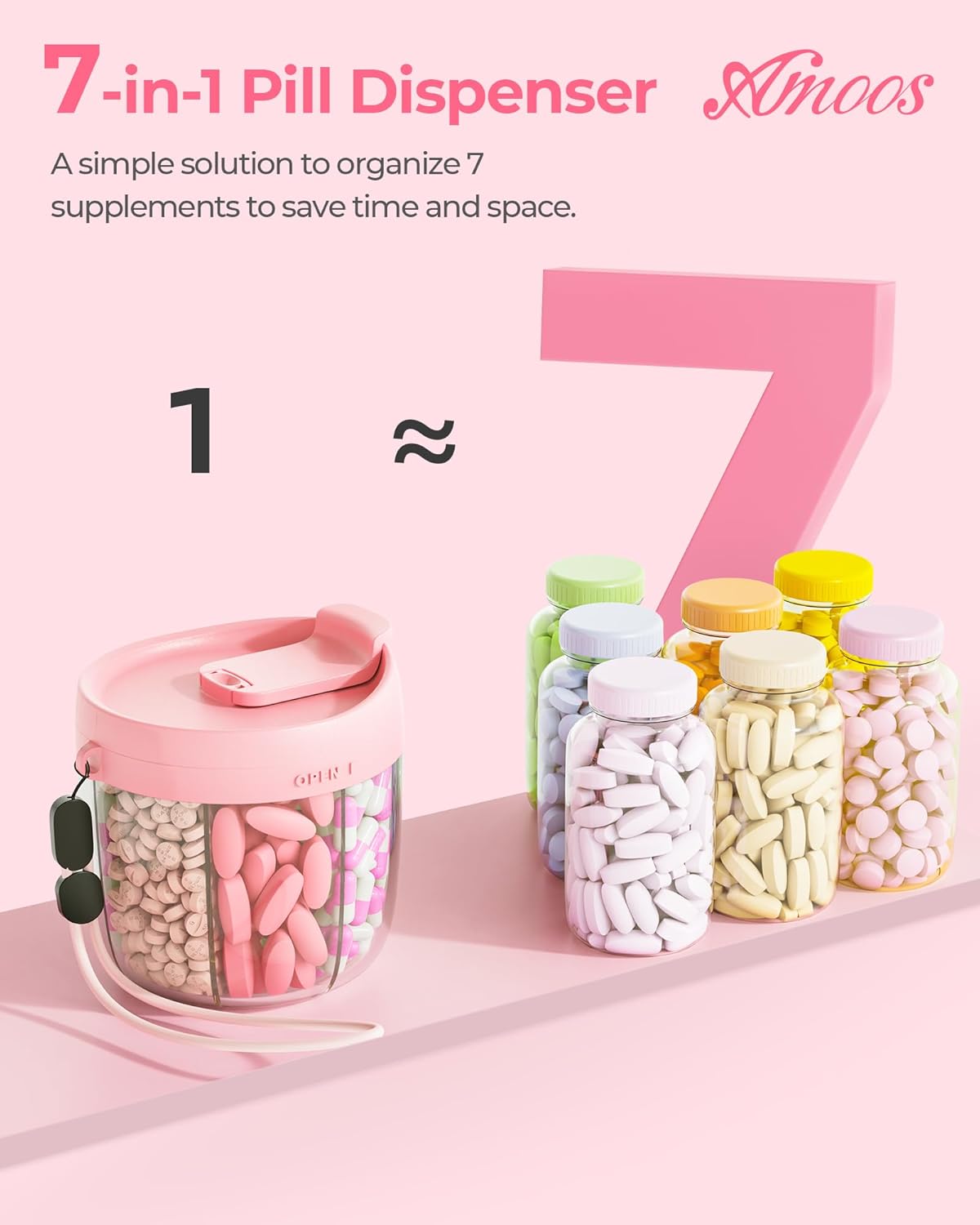 Cute Pill Dispenser with Anti-Mix Design, 7-Slot, BPA-Free, Patented | Portable Travel Pill Organizer, Wide Mouth for Easy Access, Pill Bottle Organizer for Vitamins, Fish Oils, Supplements, Blue