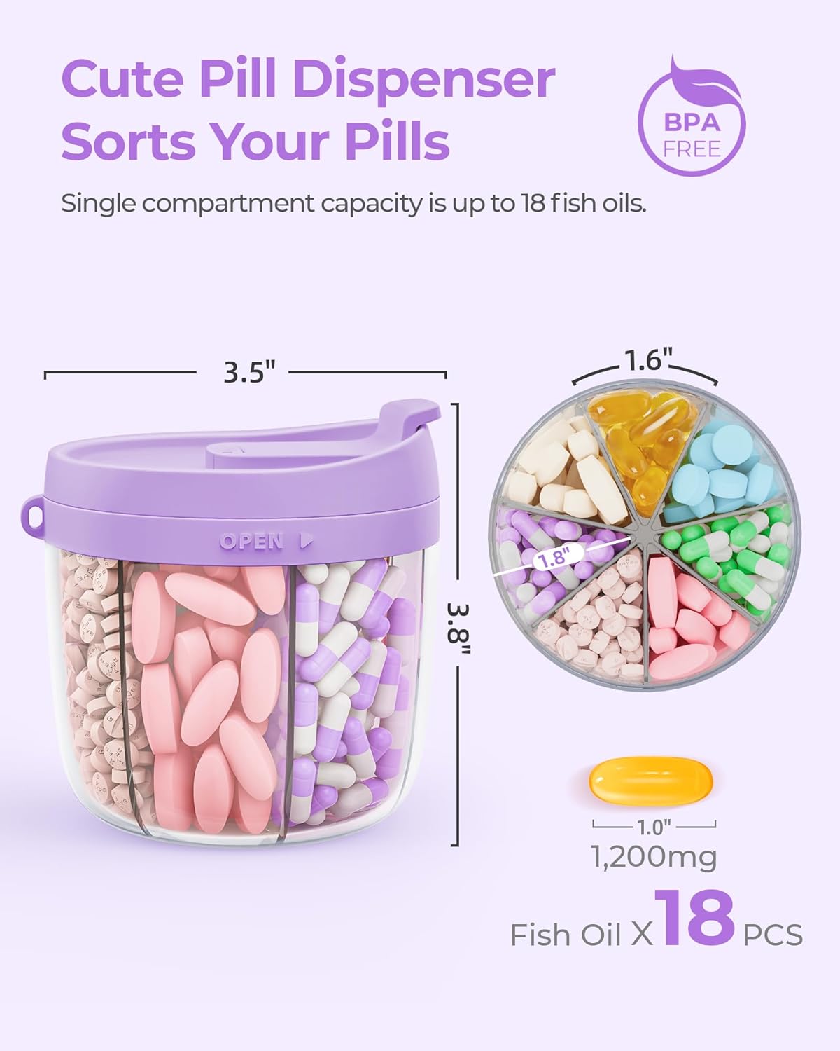 Cute Pill Dispenser with Anti-Mix Design, 7-Slot, BPA-Free, Patented | Portable Travel Pill Organizer, Wide Mouth for Easy Access, Pill Bottle Organizer for Vitamins, Fish Oils, Supplements, Blue