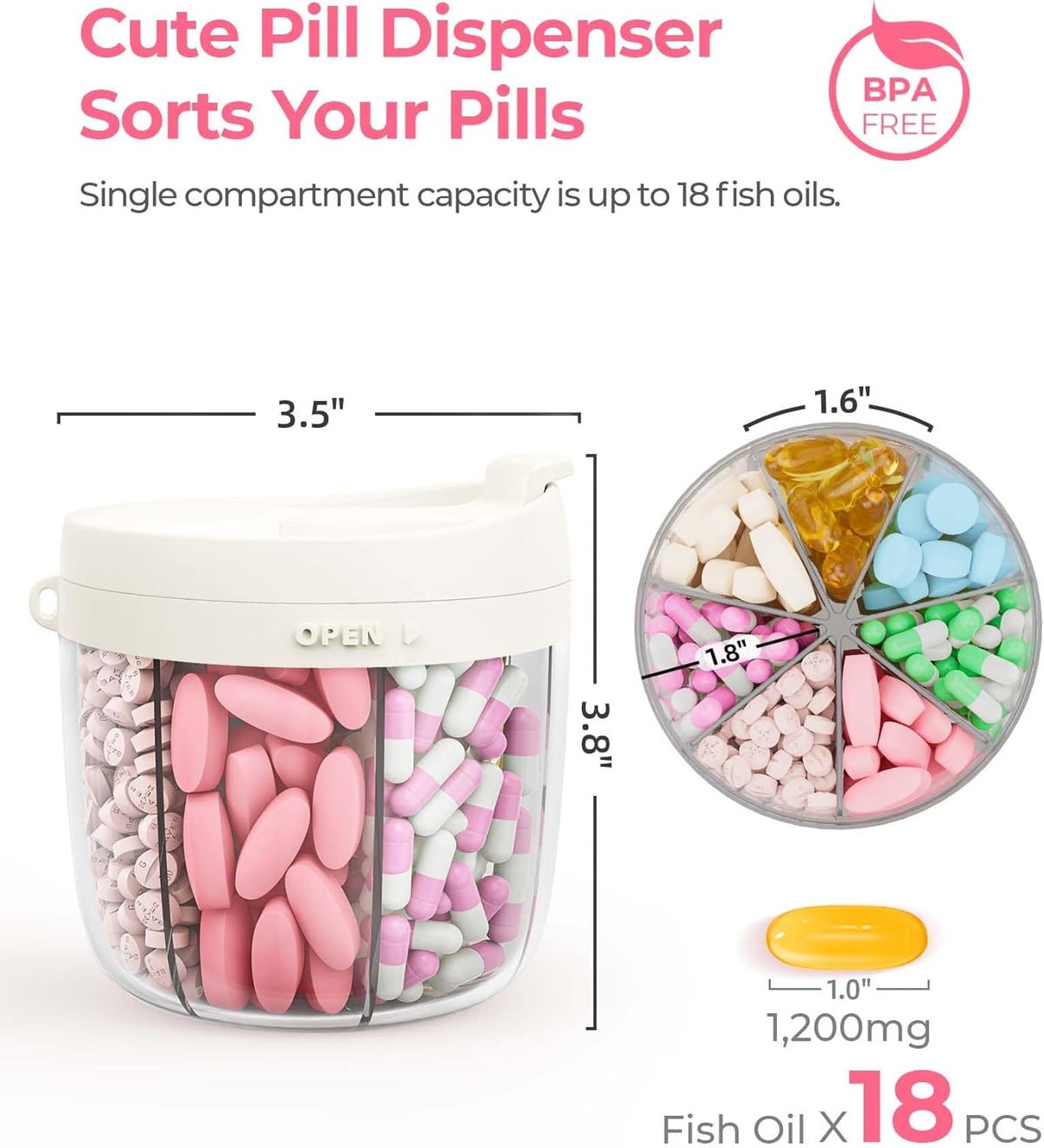 Cute Pill Dispenser with Anti-Mix Design, 7-Slot, BPA-Free, Patented | Portable Travel Pill Organizer, Wide Mouth for Easy Access, Pill Bottle Organizer for Vitamins, Fish Oils, Supplements, Blue