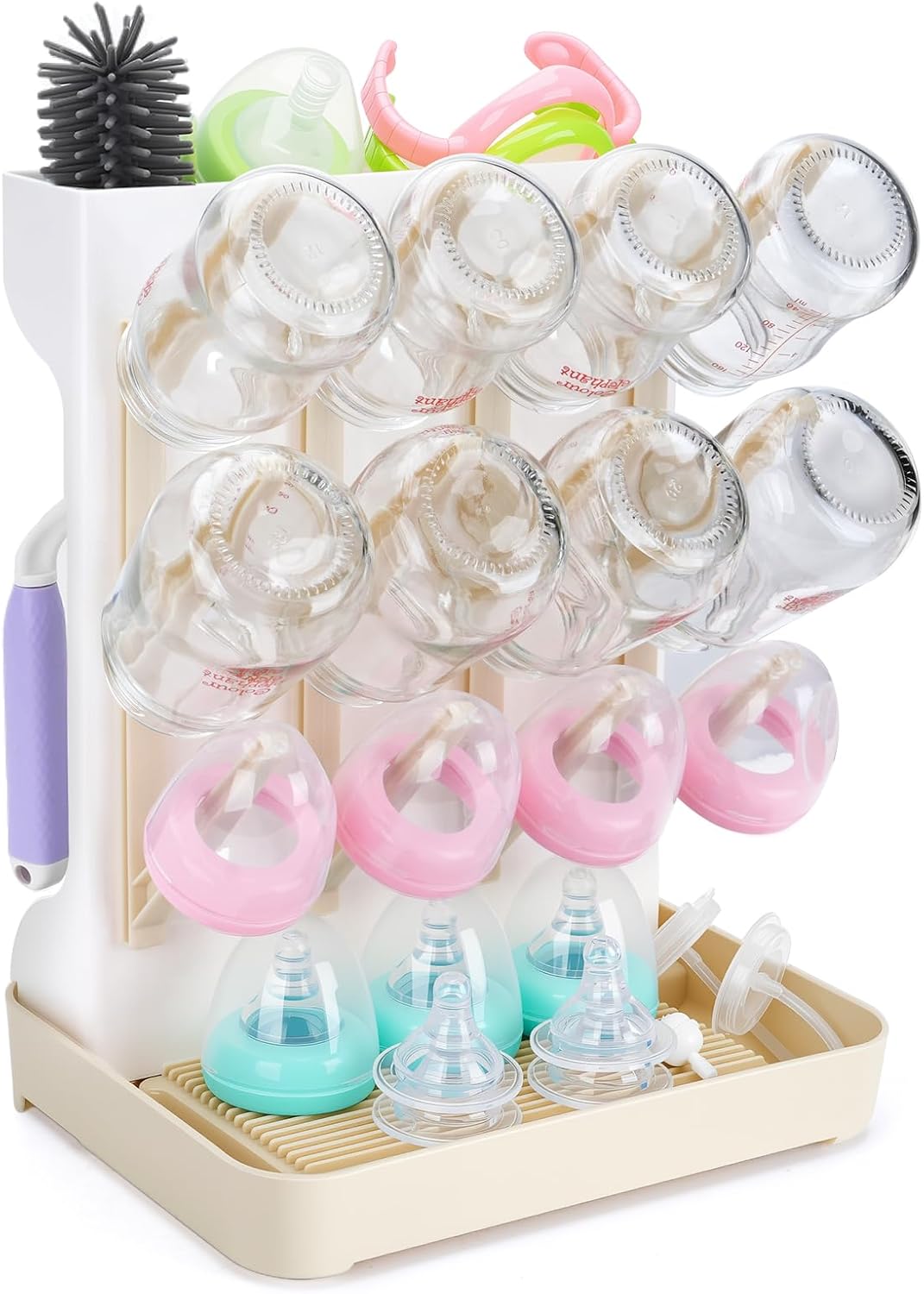 Baby Bottle Drying Rack: Space Saving Vertical Bottle Drying Holder with Brushes Holder - Large Bottle Storage Holder Organizer 12 Bottles & Baby Accessories,BPA-Free, Gray