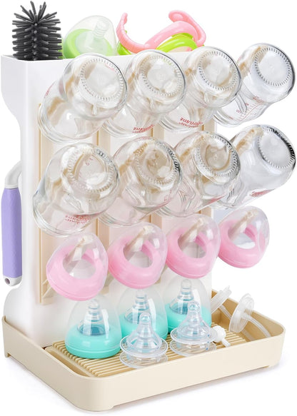 Baby Bottle Drying Rack: Space Saving Vertical Bottle Drying Holder with Brushes Holder - Large Bottle Storage Holder Organizer 12 Bottles & Baby Accessories,BPA-Free, Gray