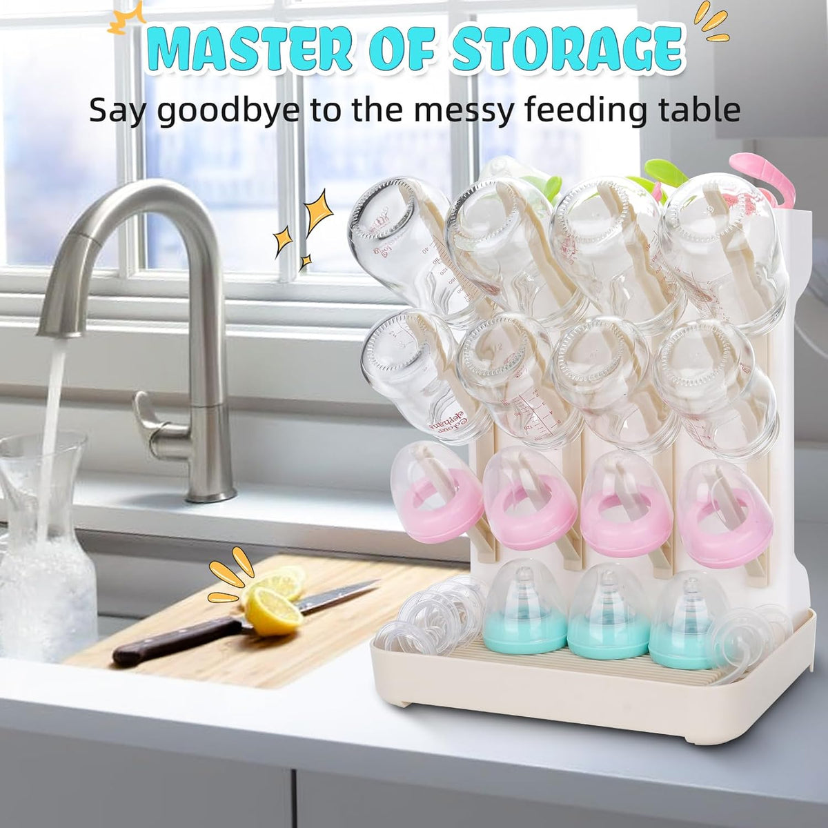 Baby Bottle Drying Rack: Space Saving Vertical Bottle Drying Holder with Brushes Holder - Large Bottle Storage Holder Organizer 12 Bottles & Baby Accessories,BPA-Free, Gray