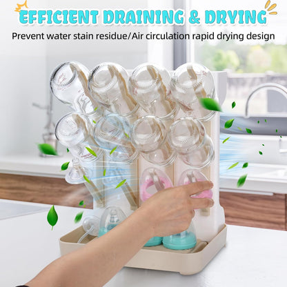 Baby Bottle Drying Rack: Space Saving Vertical Bottle Drying Holder with Brushes Holder - Large Bottle Storage Holder Organizer 12 Bottles & Baby Accessories,BPA-Free, Gray