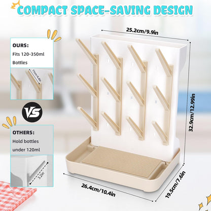 Baby Bottle Drying Rack: Space Saving Vertical Bottle Drying Holder with Brushes Holder - Large Bottle Storage Holder Organizer 12 Bottles & Baby Accessories,BPA-Free, Gray