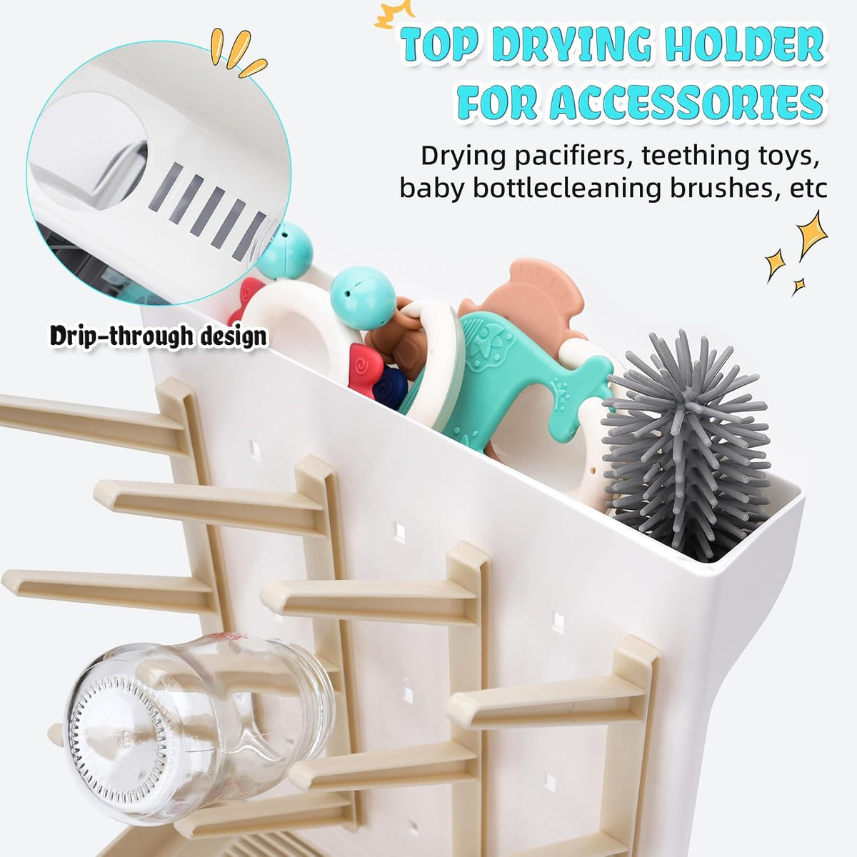 Baby Bottle Drying Rack: Space Saving Vertical Bottle Drying Holder with Brushes Holder - Large Bottle Storage Holder Organizer 12 Bottles & Baby Accessories,BPA-Free, Gray