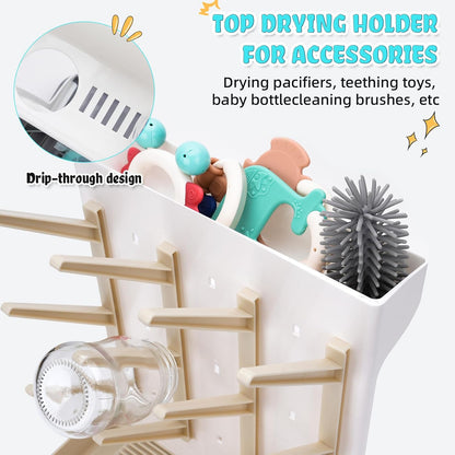 Baby Bottle Drying Rack: Space Saving Vertical Bottle Drying Holder with Brushes Holder - Large Bottle Storage Holder Organizer 12 Bottles & Baby Accessories,BPA-Free, Gray