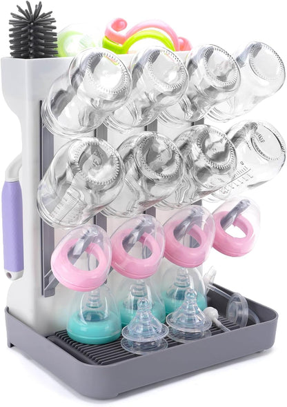 Baby Bottle Drying Rack: Space Saving Vertical Bottle Drying Holder with Brushes Holder - Large Bottle Storage Holder Organizer 12 Bottles & Baby Accessories,BPA-Free, Gray