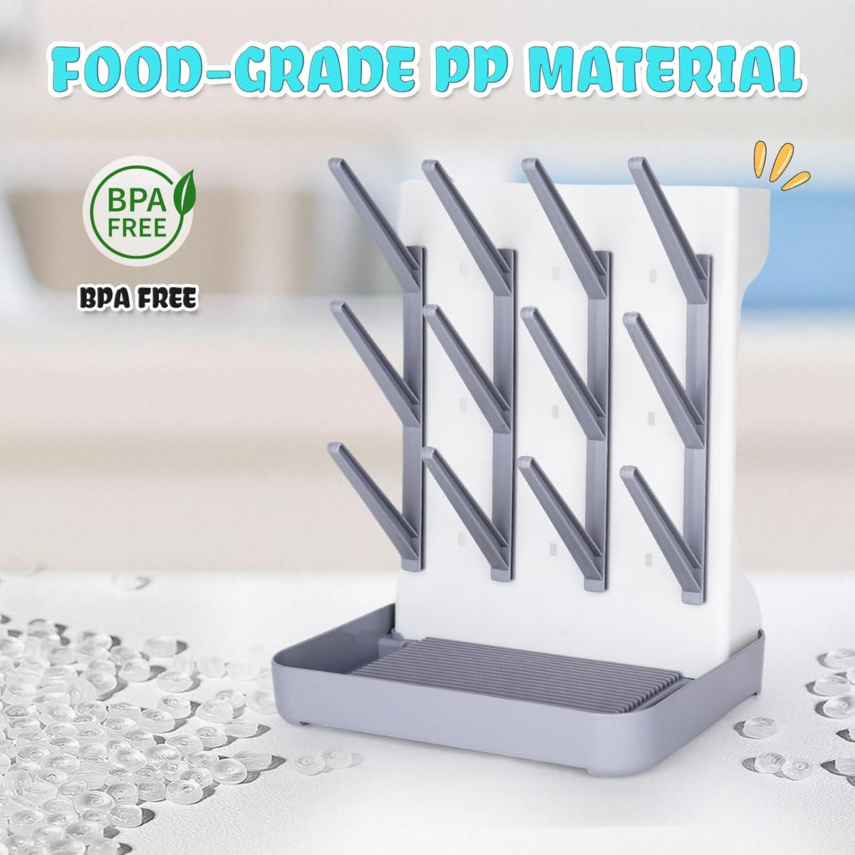 Baby Bottle Drying Rack: Space Saving Vertical Bottle Drying Holder with Brushes Holder - Large Bottle Storage Holder Organizer 12 Bottles & Baby Accessories,BPA-Free, Gray
