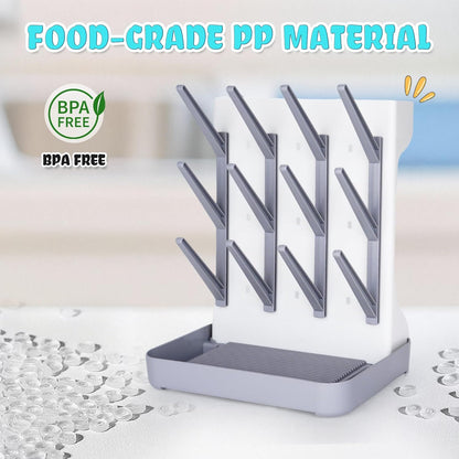 Baby Bottle Drying Rack: Space Saving Vertical Bottle Drying Holder with Brushes Holder - Large Bottle Storage Holder Organizer 12 Bottles & Baby Accessories,BPA-Free, Gray