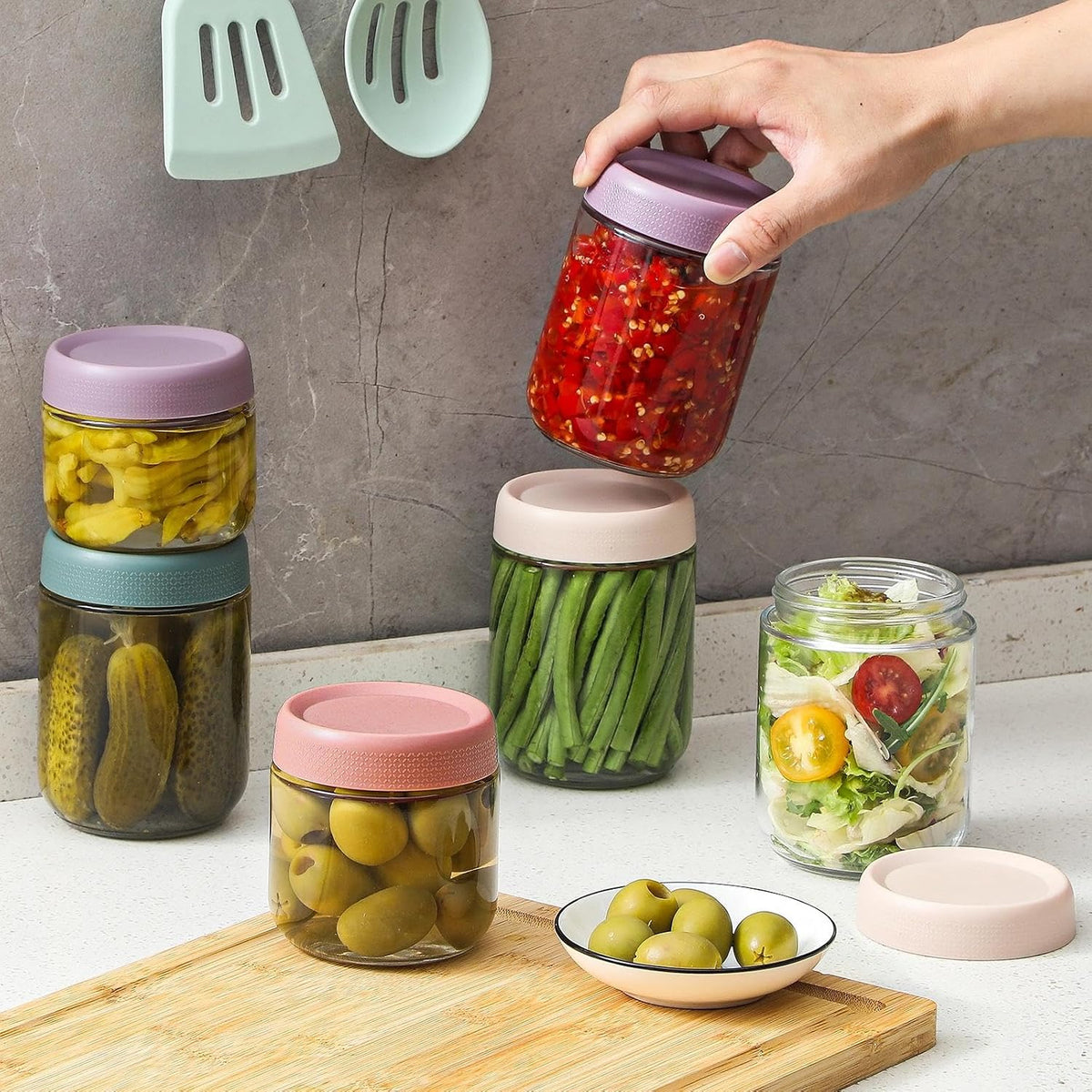 6-pack 16 oz Overnight Oats Containers with Lids, Glass jars with Airtight Lids, Wide mouth Mason Salad jars, Glass Food Storage Containers for Snacks Yogurt Spice Sugar