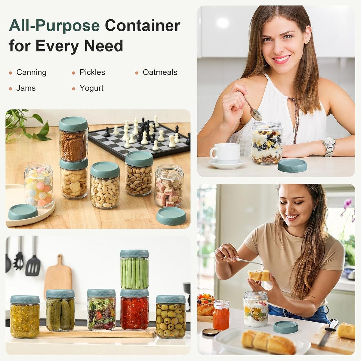 6-pack 16 oz Overnight Oats Containers with Lids, Glass jars with Airtight Lids, Wide mouth Mason Salad jars, Glass Food Storage Containers for Snacks Yogurt Spice Sugar