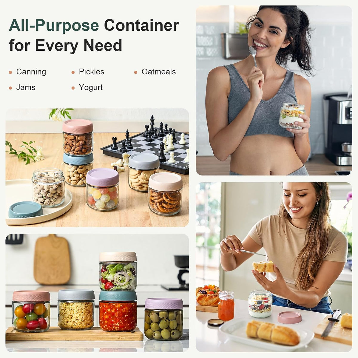 6-pack 16 oz Overnight Oats Containers with Lids, Glass jars with Airtight Lids, Wide mouth Mason Salad jars, Glass Food Storage Containers for Snacks Yogurt Spice Sugar
