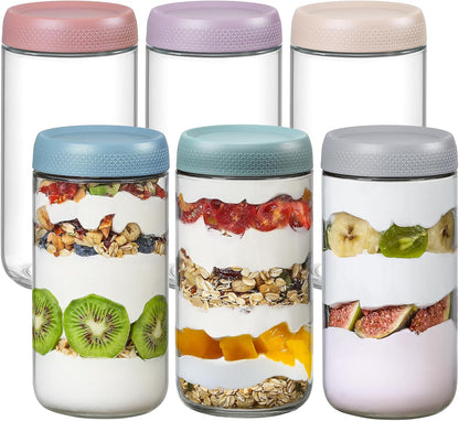 6-pack 16 oz Overnight Oats Containers with Lids, Glass jars with Airtight Lids, Wide mouth Mason Salad jars, Glass Food Storage Containers for Snacks Yogurt Spice Sugar