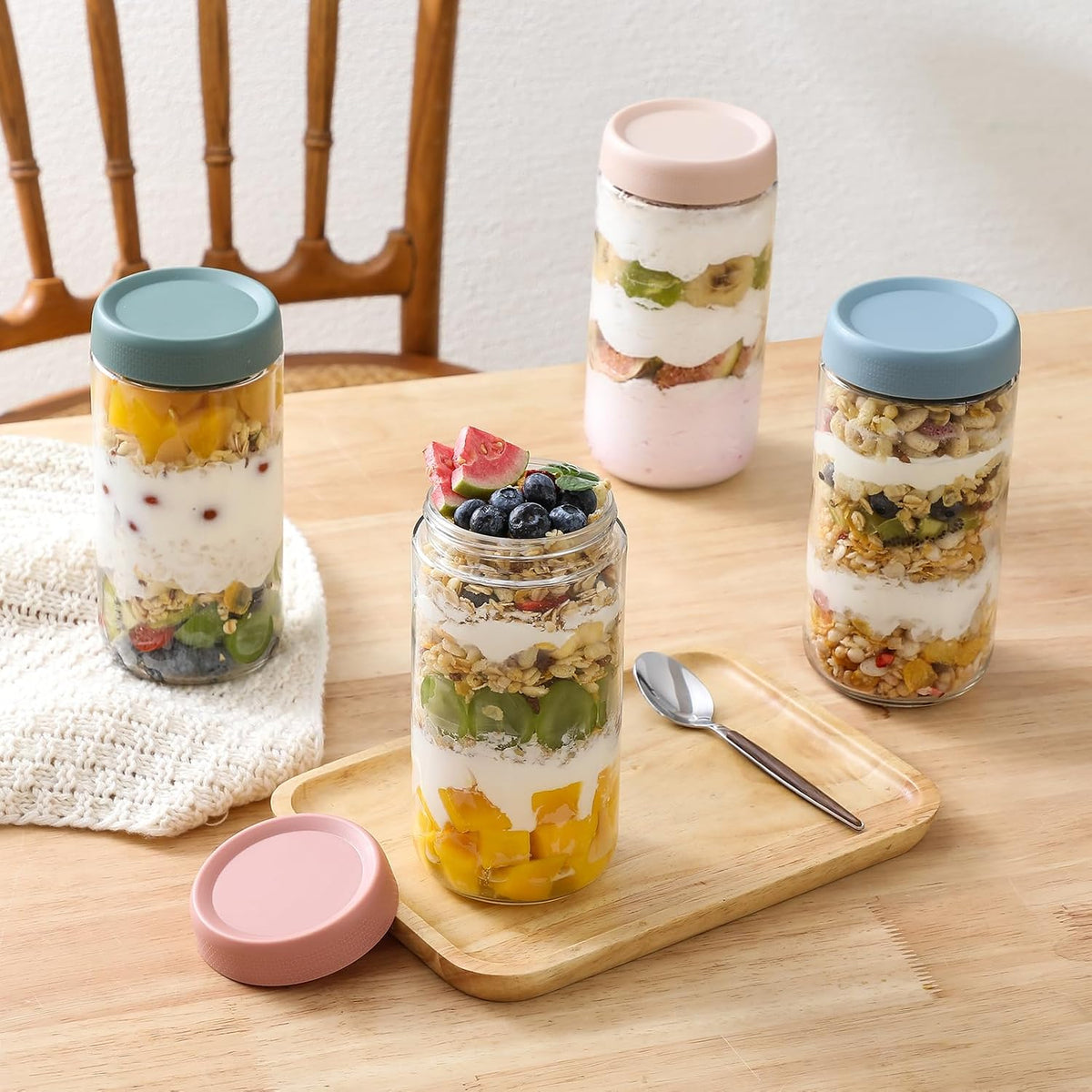 6-pack 16 oz Overnight Oats Containers with Lids, Glass jars with Airtight Lids, Wide mouth Mason Salad jars, Glass Food Storage Containers for Snacks Yogurt Spice Sugar