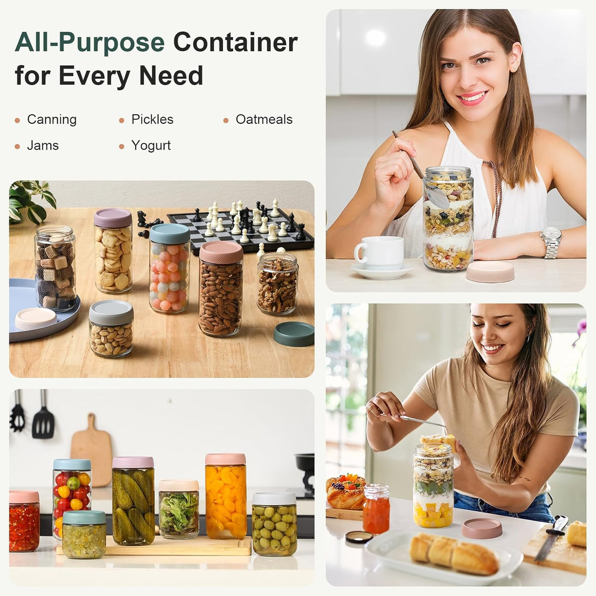 6-pack 16 oz Overnight Oats Containers with Lids, Glass jars with Airtight Lids, Wide mouth Mason Salad jars, Glass Food Storage Containers for Snacks Yogurt Spice Sugar