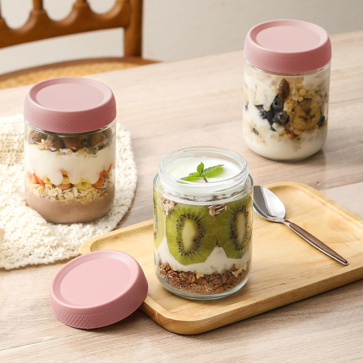 6-pack 16 oz Overnight Oats Containers with Lids, Glass jars with Airtight Lids, Wide mouth Mason Salad jars, Glass Food Storage Containers for Snacks Yogurt Spice Sugar