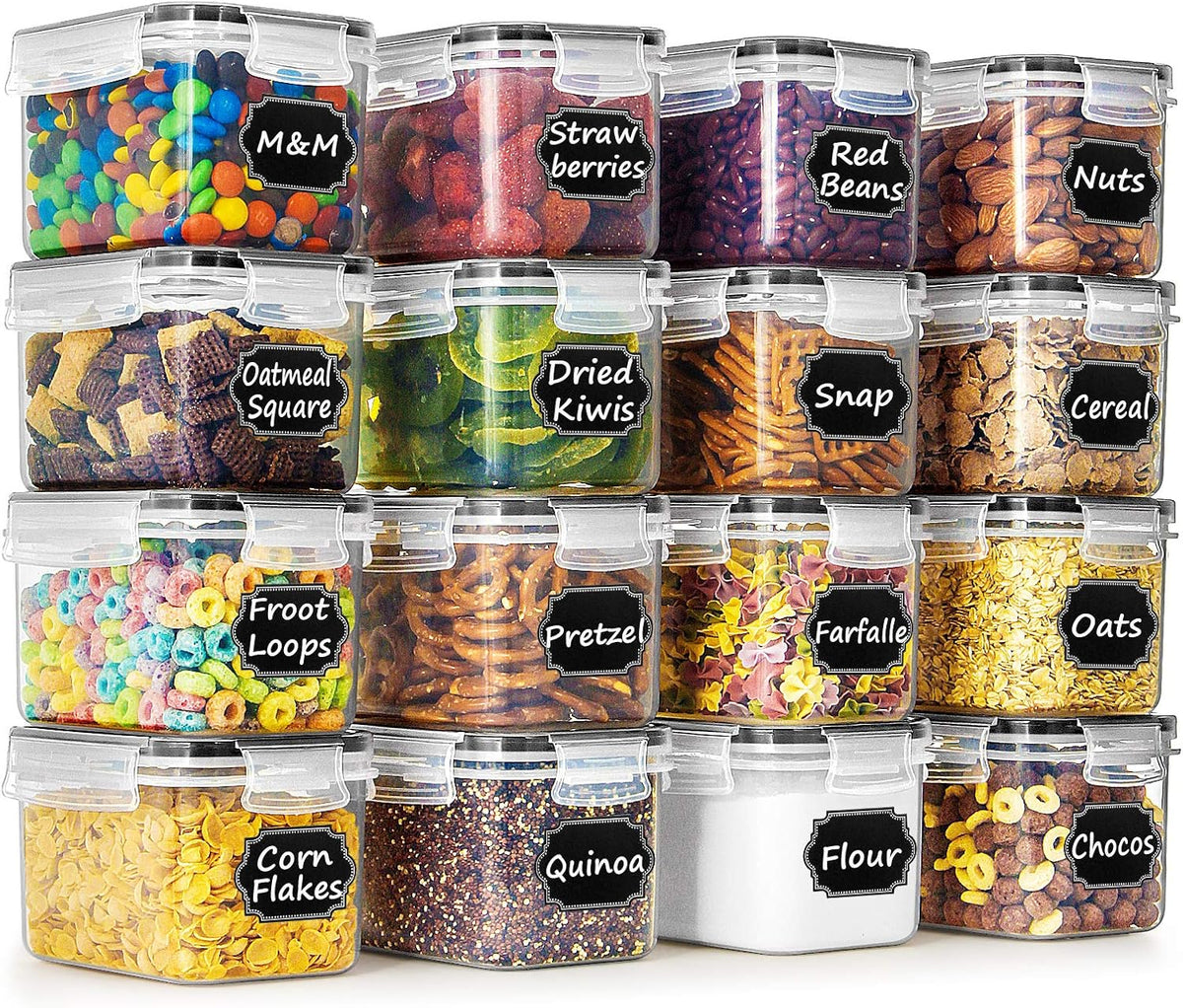 Airtight Food Storage Containers with Lids 0.8L, 16PCS, Black | Kitchen and Pantry Organization Canisters for Cereal, Pasta, Snack, Sugar, Flour, Airtight Seal, BPA Free, Includes 20 Labels