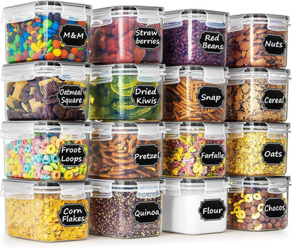 Airtight Food Storage Containers with Lids 0.8L, 16PCS, Black | Kitchen and Pantry Organization Canisters for Cereal, Pasta, Snack, Sugar, Flour, Airtight Seal, BPA Free, Includes 20 Labels