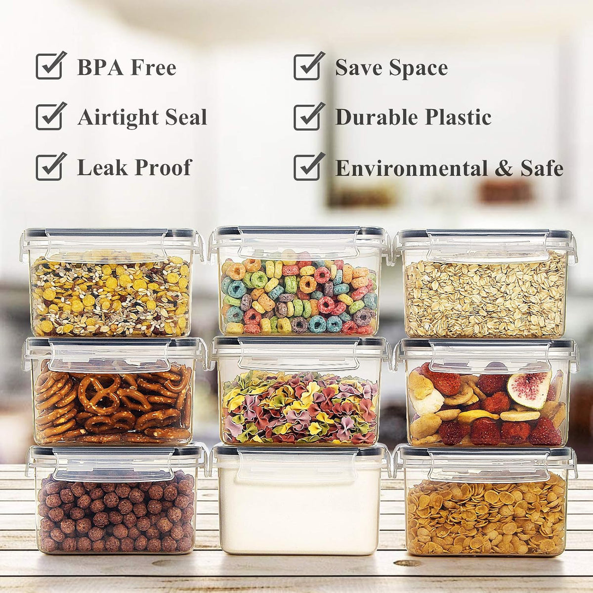 Airtight Food Storage Containers with Lids 0.8L, 16PCS, Black | Kitchen and Pantry Organization Canisters for Cereal, Pasta, Snack, Sugar, Flour, Airtight Seal, BPA Free, Includes 20 Labels