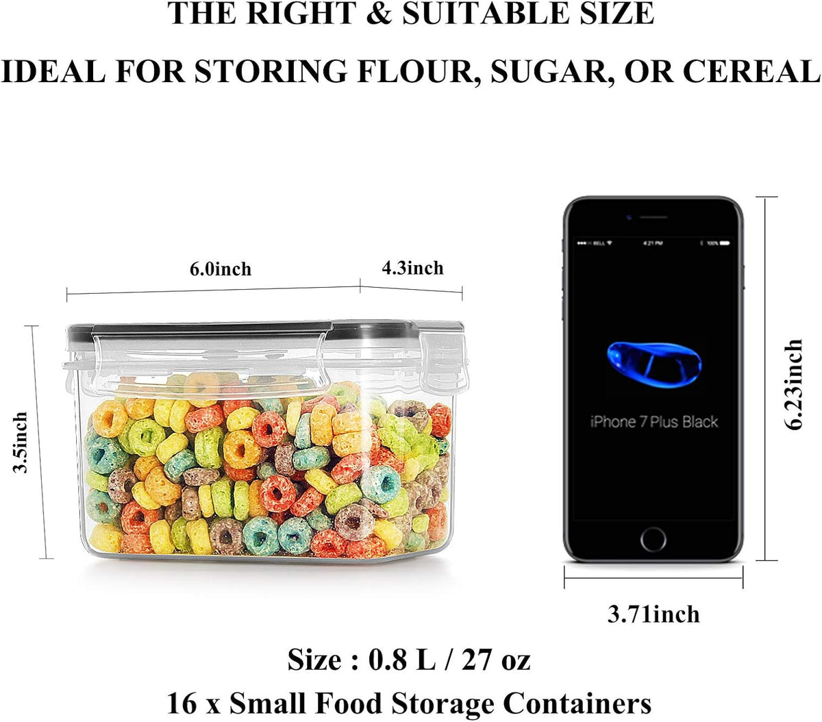 Airtight Food Storage Containers with Lids 0.8L, 16PCS, Black | Kitchen and Pantry Organization Canisters for Cereal, Pasta, Snack, Sugar, Flour, Airtight Seal, BPA Free, Includes 20 Labels
