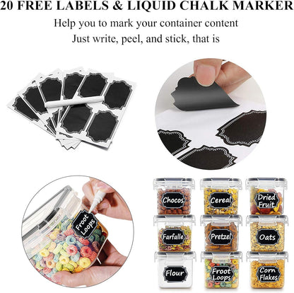 Airtight Food Storage Containers with Lids 0.8L, 16PCS, Black | Kitchen and Pantry Organization Canisters for Cereal, Pasta, Snack, Sugar, Flour, Airtight Seal, BPA Free, Includes 20 Labels