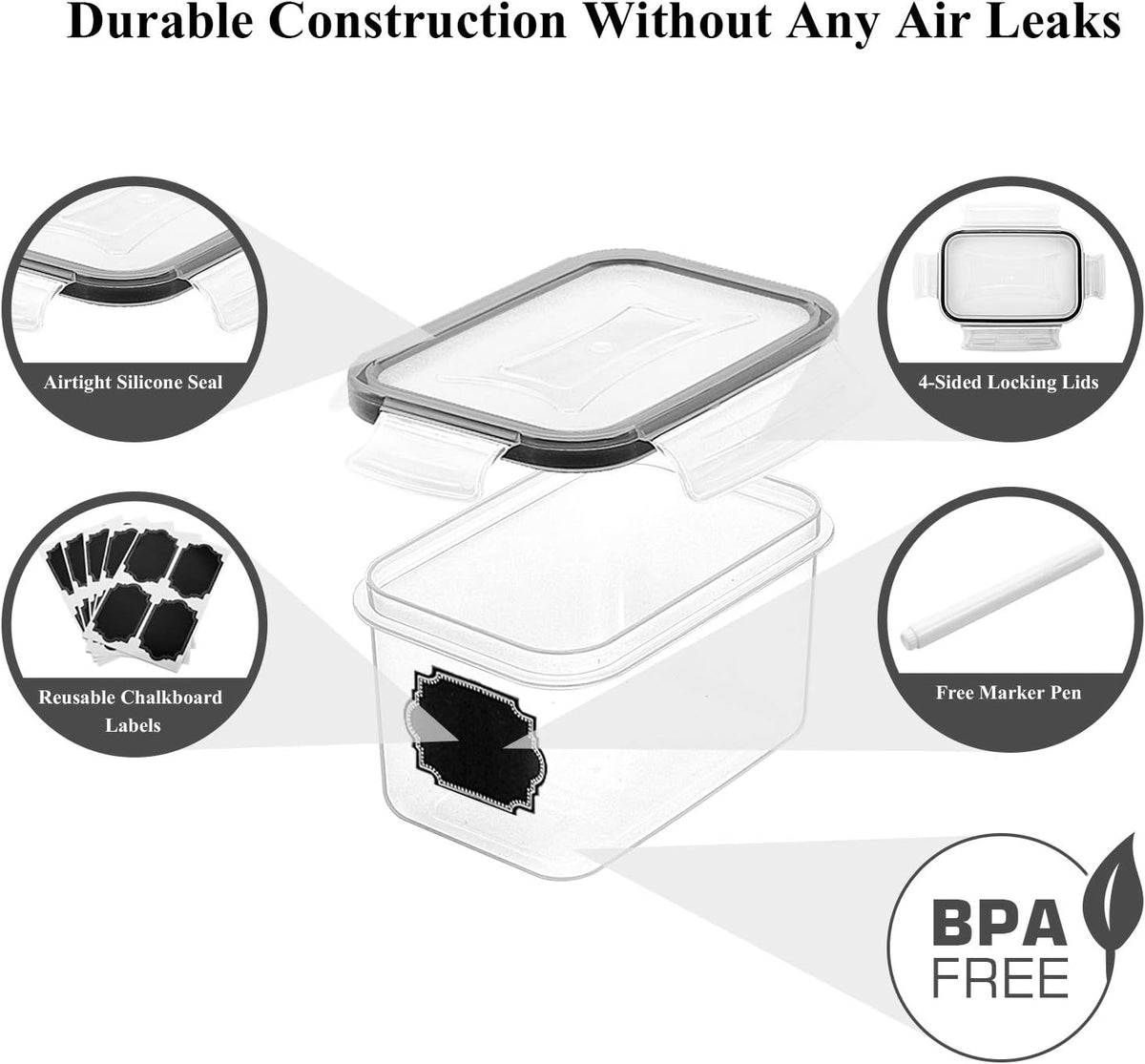 Airtight Food Storage Containers with Lids 0.8L, 16PCS, Black | Kitchen and Pantry Organization Canisters for Cereal, Pasta, Snack, Sugar, Flour, Airtight Seal, BPA Free, Includes 20 Labels