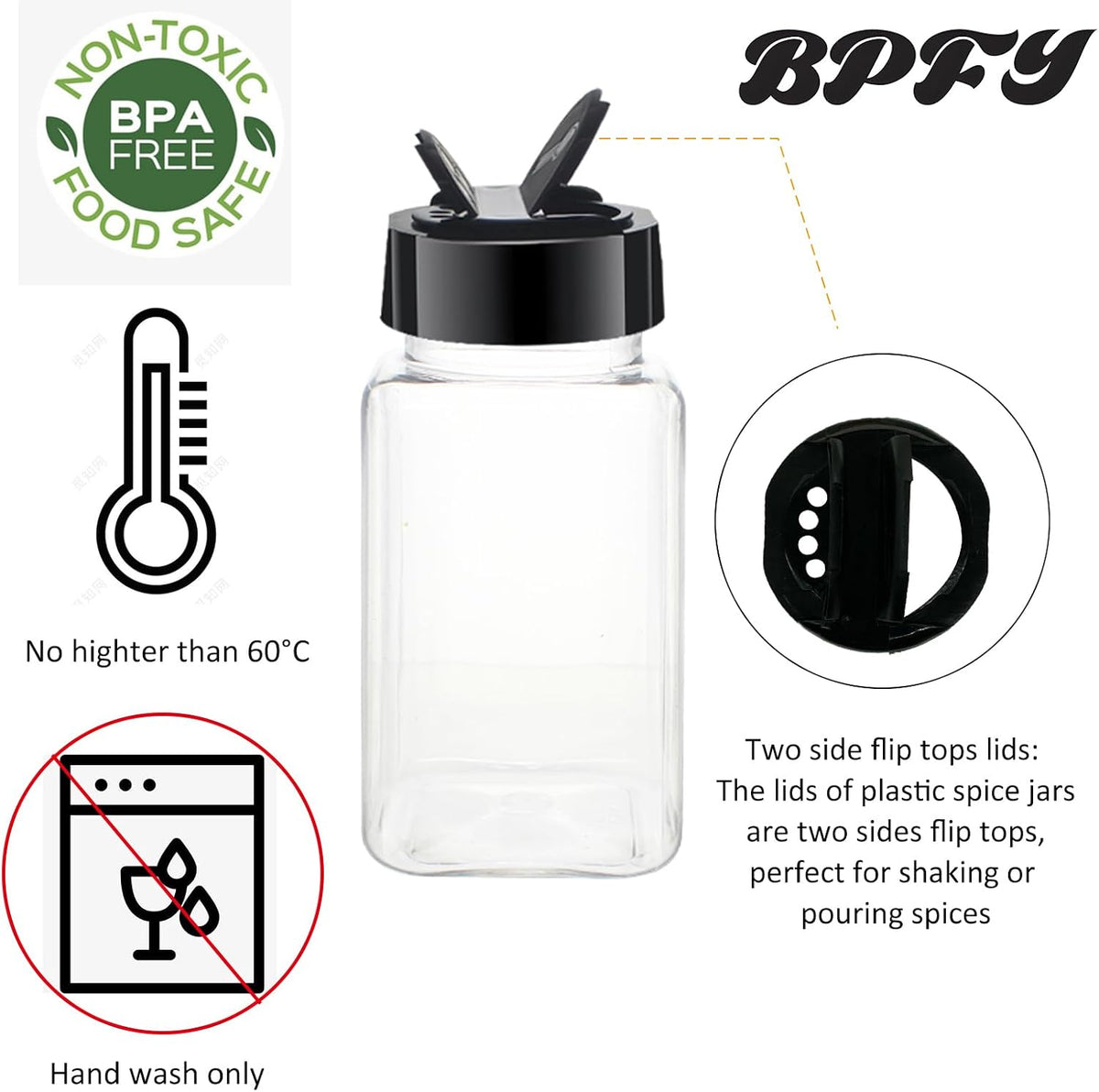 4oz Clear Plastic Spice Jars With Black Plastic Lids
