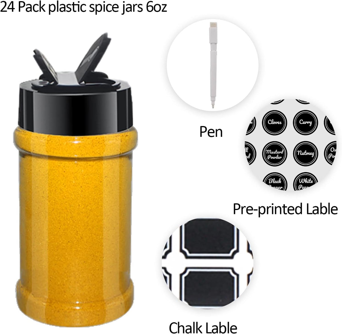 4oz Clear Plastic Spice Jars With Black Plastic Lids