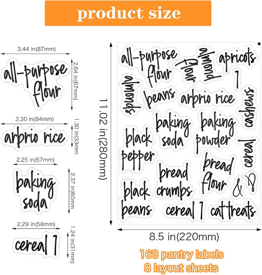 168PCS Clear Waterproof Labels, Pantry Labels Food Organization Stickers | for Food Containers, for Containers Jars Container Boxes, Preprinted and Blank