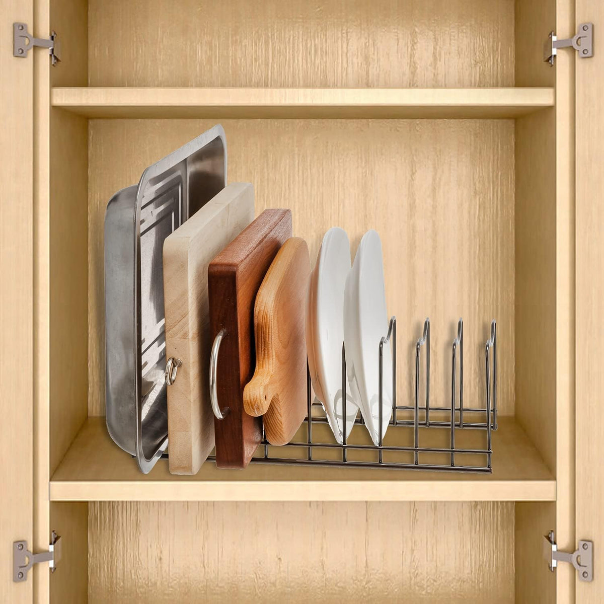 Pot Lid Holder Organizer, Kitchen Countertop Storage Rack Cutting Boards, Bakeware, Pots & Pans, Serving Trays, Reusable Containers in Cabinet Pantry , Stainless Steel