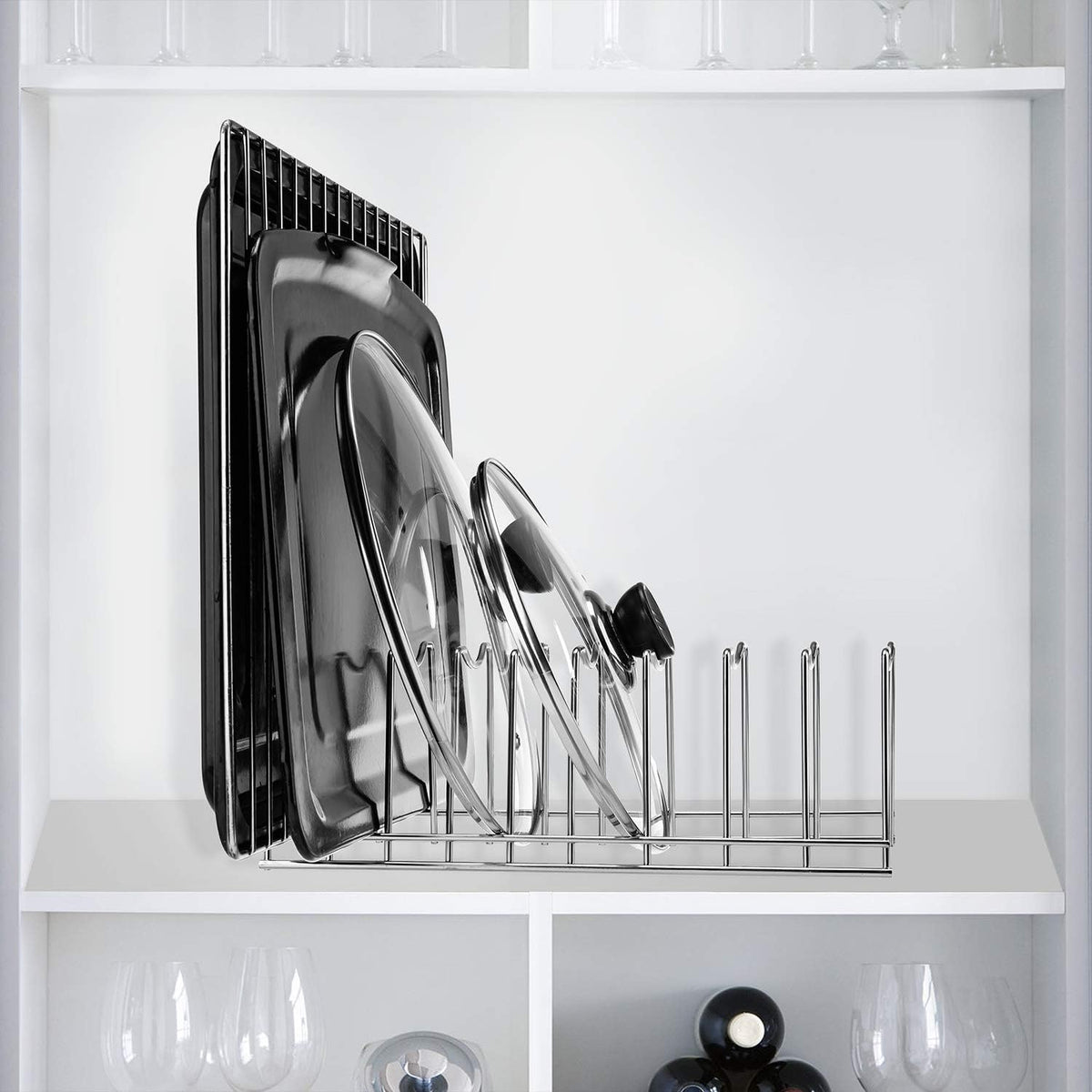 Pot Lid Holder Organizer, Kitchen Countertop Storage Rack Cutting Boards, Bakeware, Pots & Pans, Serving Trays, Reusable Containers in Cabinet Pantry , Stainless Steel