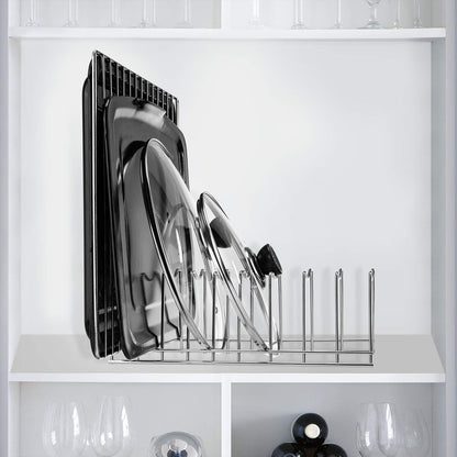 Pot Lid Holder Organizer, Kitchen Countertop Storage Rack Cutting Boards, Bakeware, Pots & Pans, Serving Trays, Reusable Containers in Cabinet Pantry , Stainless Steel