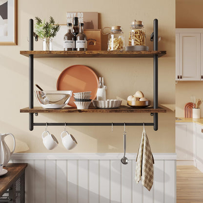 31" Industrial Pipe Wall Shelf with Towel Bar, Rustic Brown